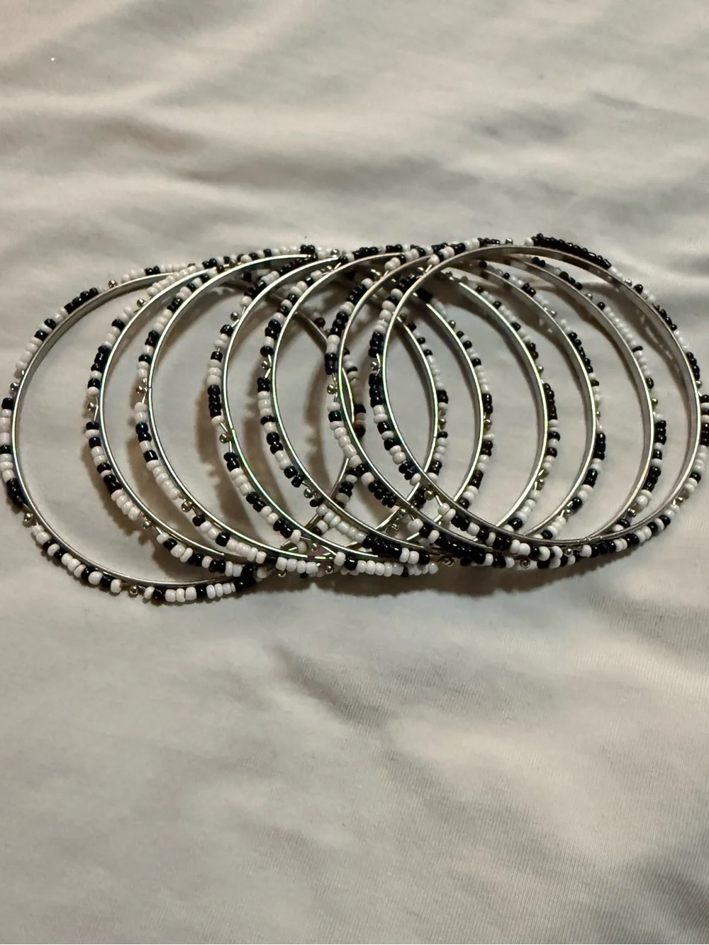 Lot of Black White Silver Tone Beaded Stackable Bangle Bracelets, Slip-On